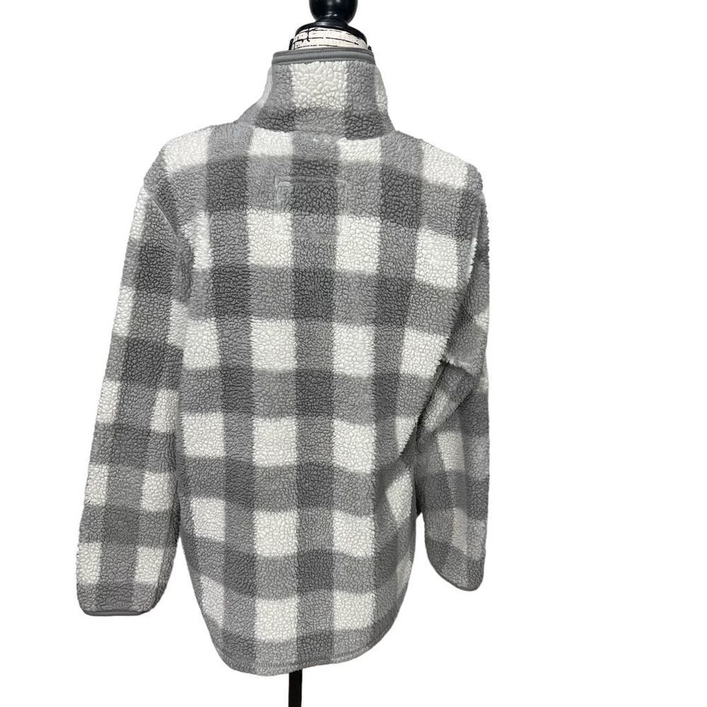 Cozy Sherpa Quarter-Zip Jacket Women's Medium Ivory Grey Gingham Plaid Pullover - Picture 10 of 13